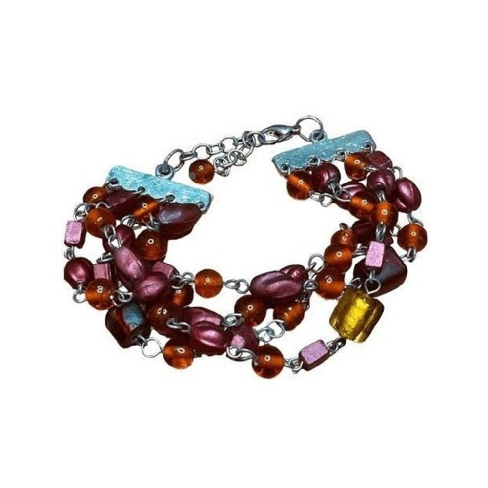 Vintage 80s Beaded Bracelet Red Silver Tone‎ Metal Chain Link Glass